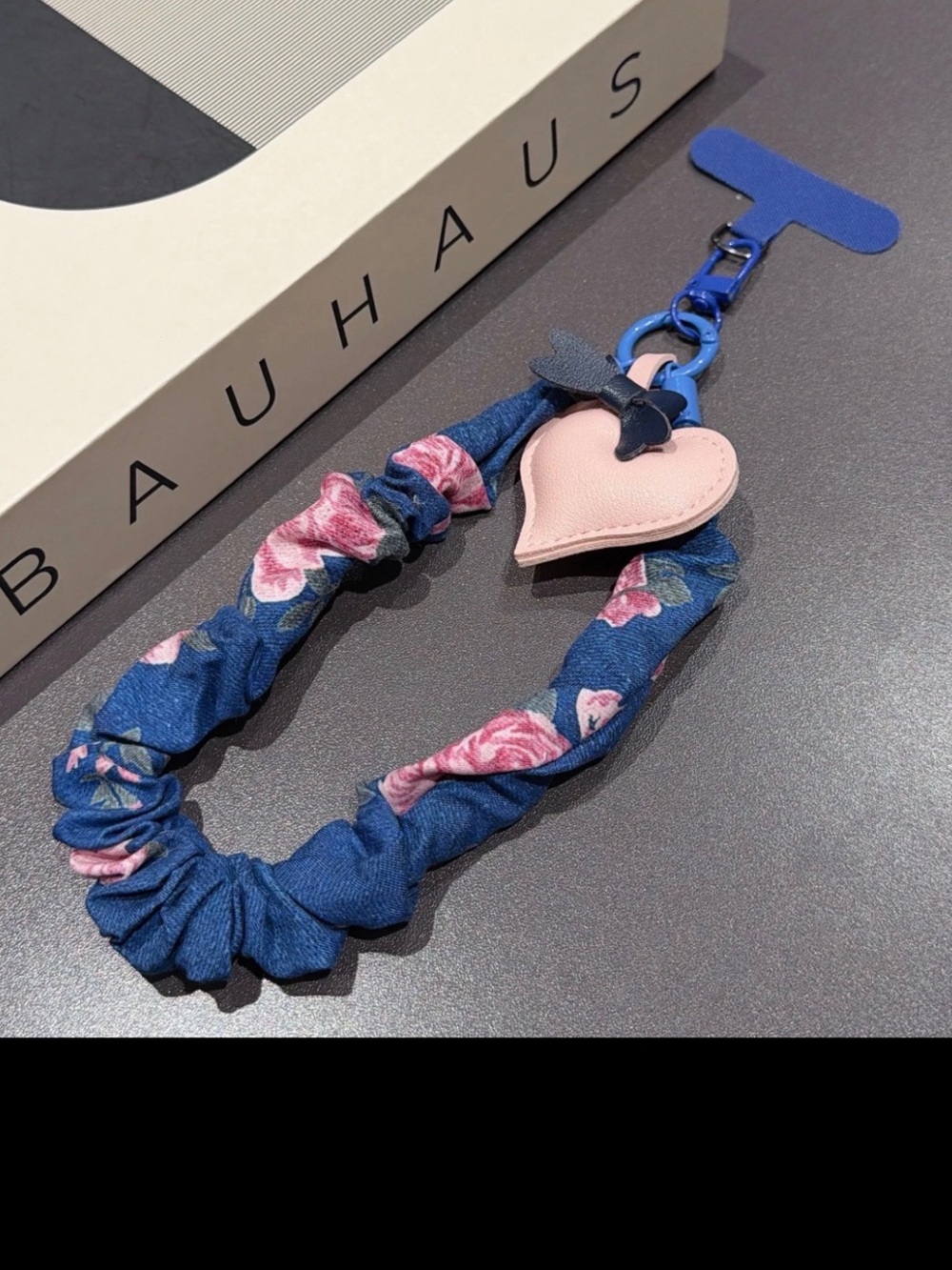 New- Blue Floral Scrunchie Lanyard with Pink Heart Charm